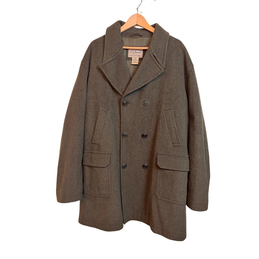 LL Bean Mens XL Tall 100% Wool Pea Coat Double Breasted Olive Green Vintage